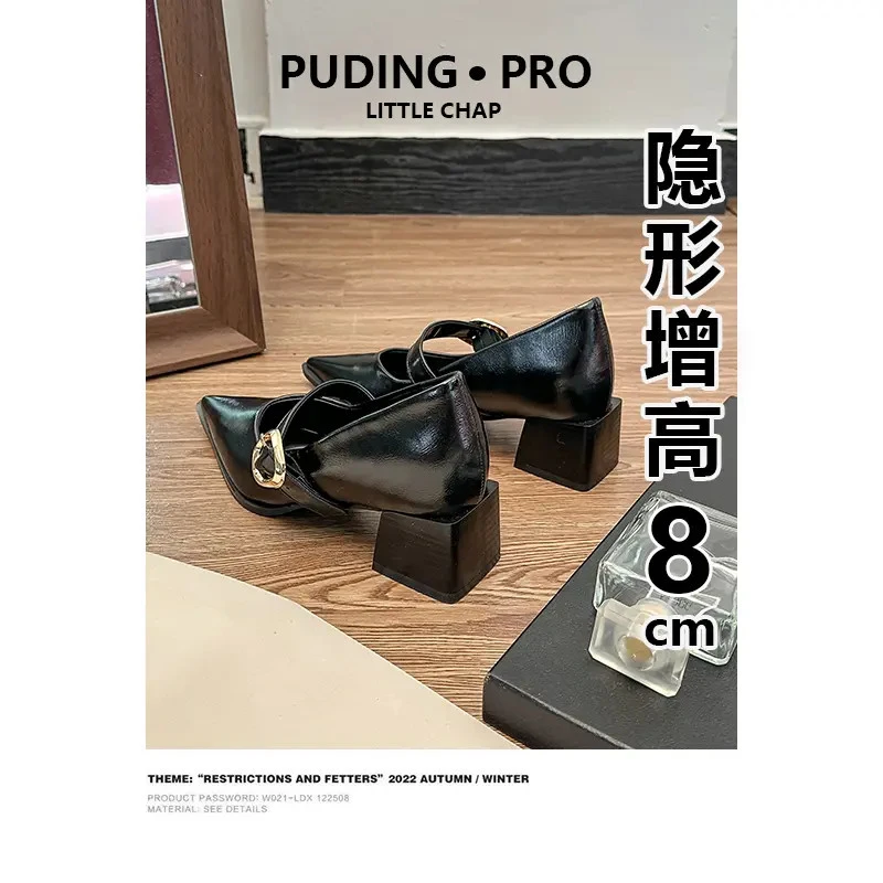 欧若风~尖头内增高玛丽珍单鞋女2025新款春秋粗跟小个子高跟鞋子