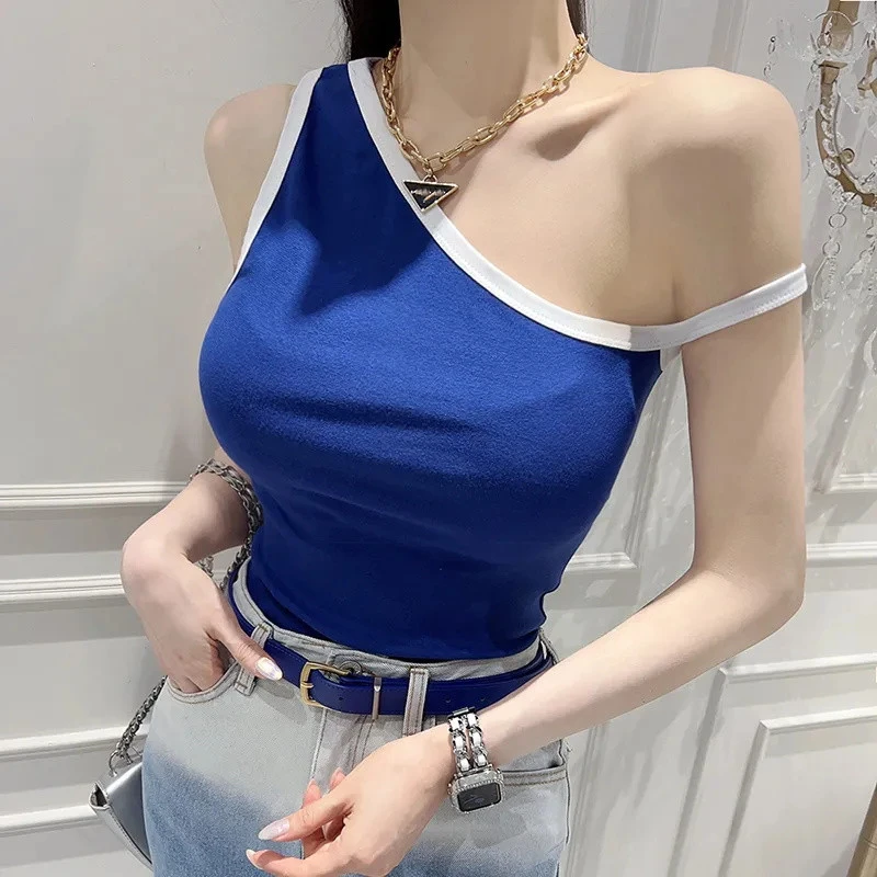 夏季新款气质舒适休闲拼色斜露肩上衣修身显胸针织背心T恤女