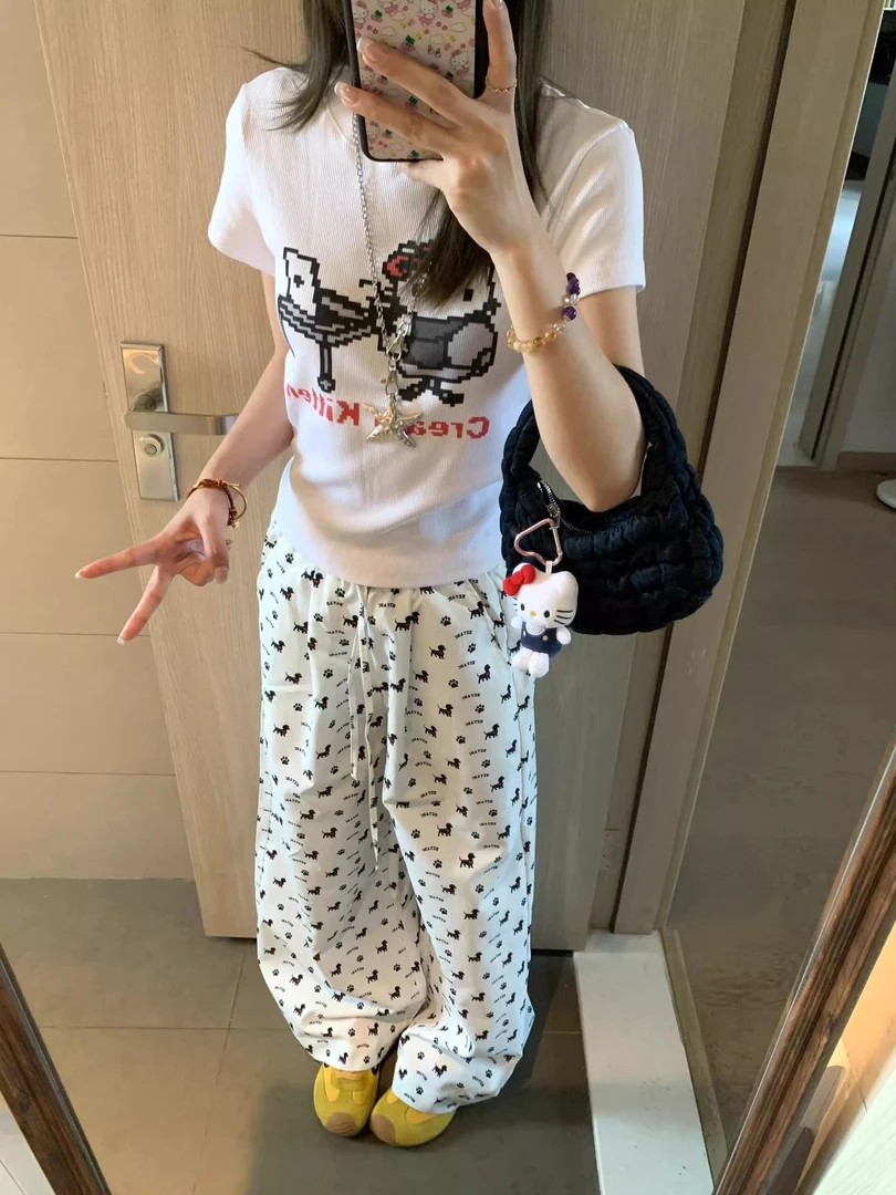 美式复古小狗印花休闲裤女夏季薄款高腰显瘦宽松慵懒风直筒阔腿裤