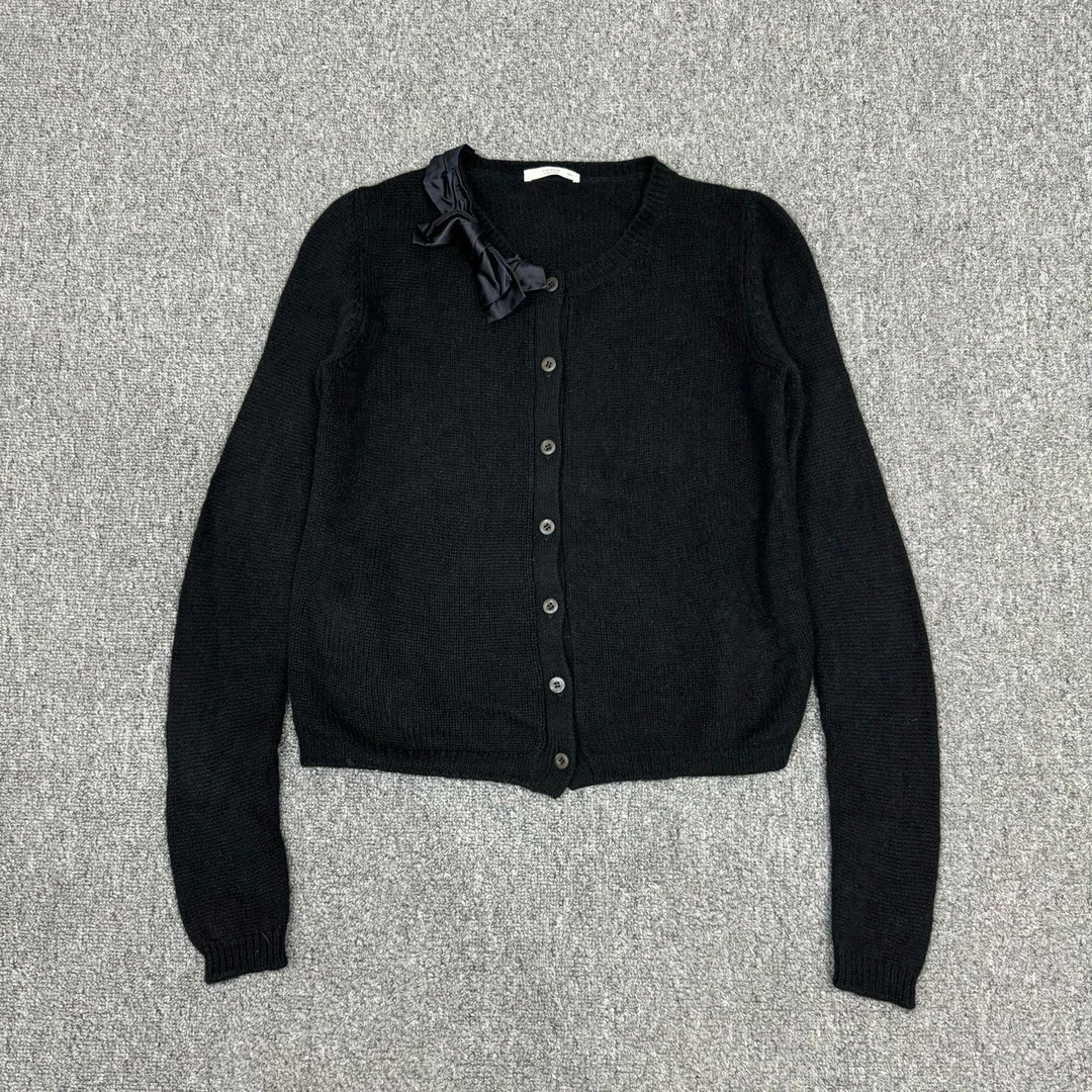 95新 Prada/普拉达 普拉达 黑色针织蝴蝶结羊绒开衫 40码10594180