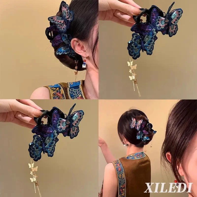 新中式蝴蝶流苏刺绣抓夹女高级感2025新款发夹后脑勺鲨鱼夹子头饰