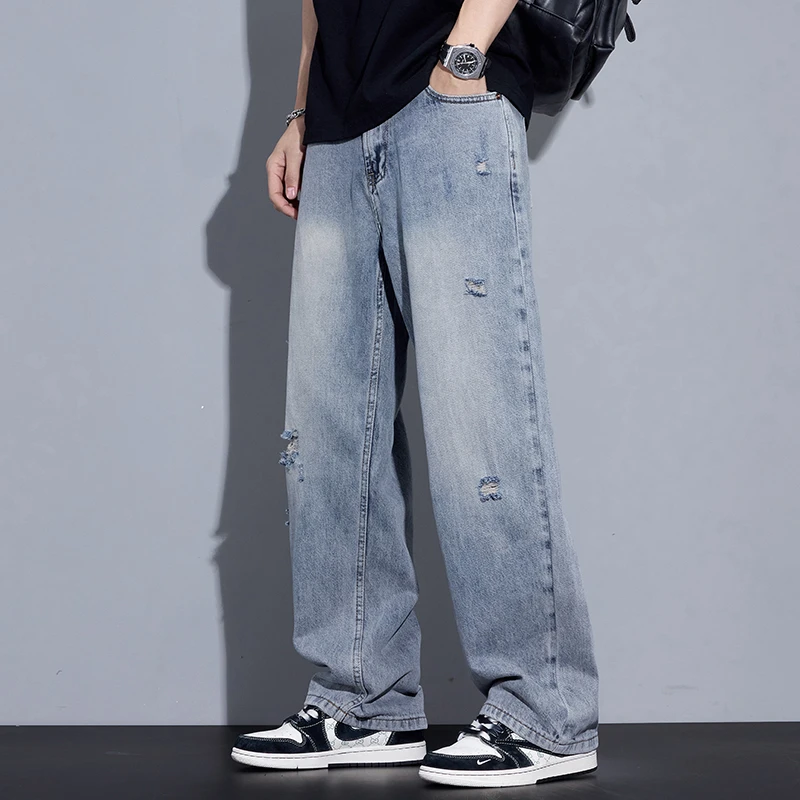 Kuvine春季新款刮烂破洞宽松直筒牛仔裤男士莱赛尔百搭休闲牛仔裤