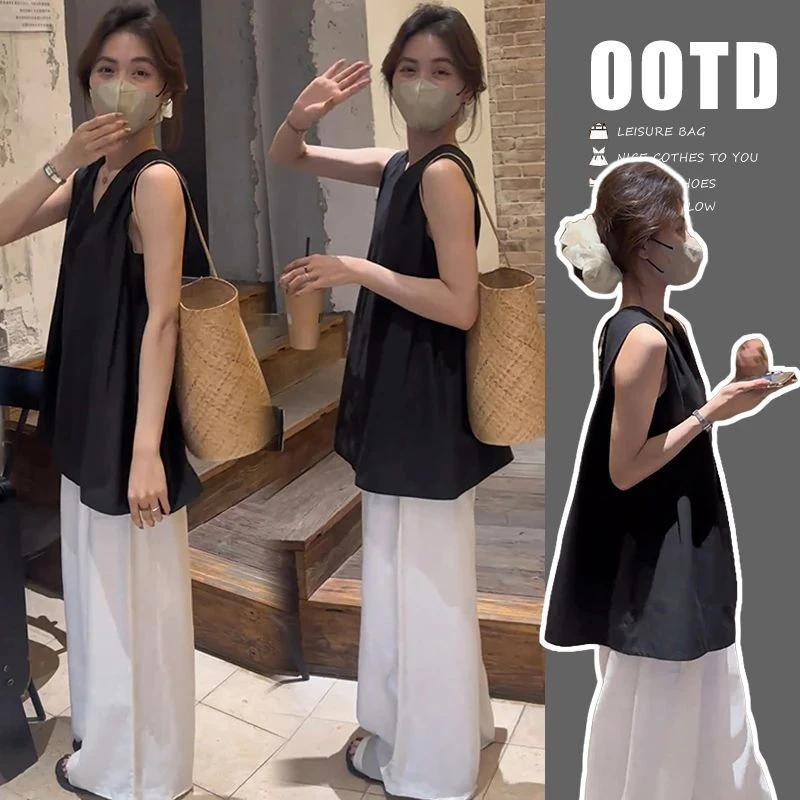 时髦孕妇夏季套装新款韩版无袖上衣慵懒风休闲时尚款小个子两件套