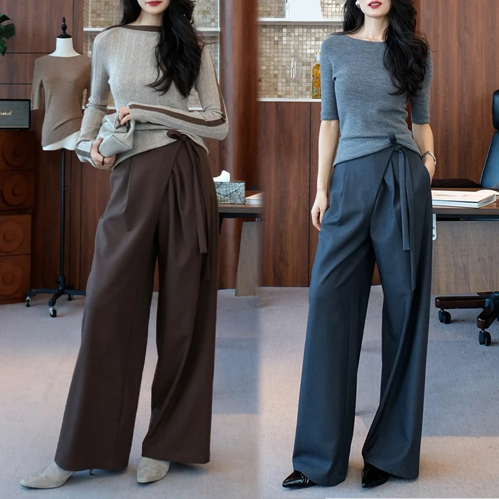 美拉德复古绑结直筒西装裤女2025春秋新款高级感宽松显瘦阔腿长裤