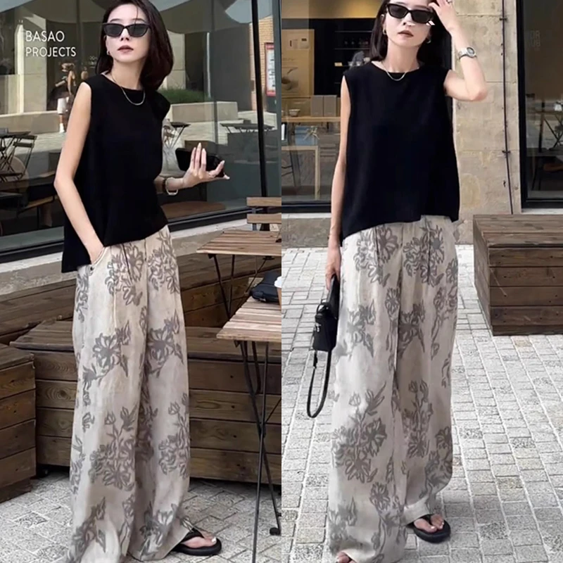 通勤风一整套穿搭2025新款韩版时尚无袖背心T恤高腰阔腿印花长裤