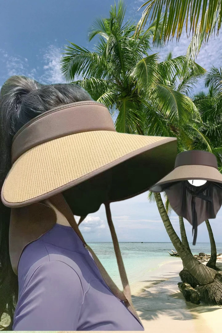 防晒遮阳帽加大帽檐新款女护颈草编空顶折叠防紫外线