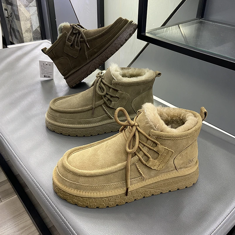 冬季2025厚底短筒男士雪地靴高帮马丁靴真皮羊毛丑萌大头鞋面包鞋