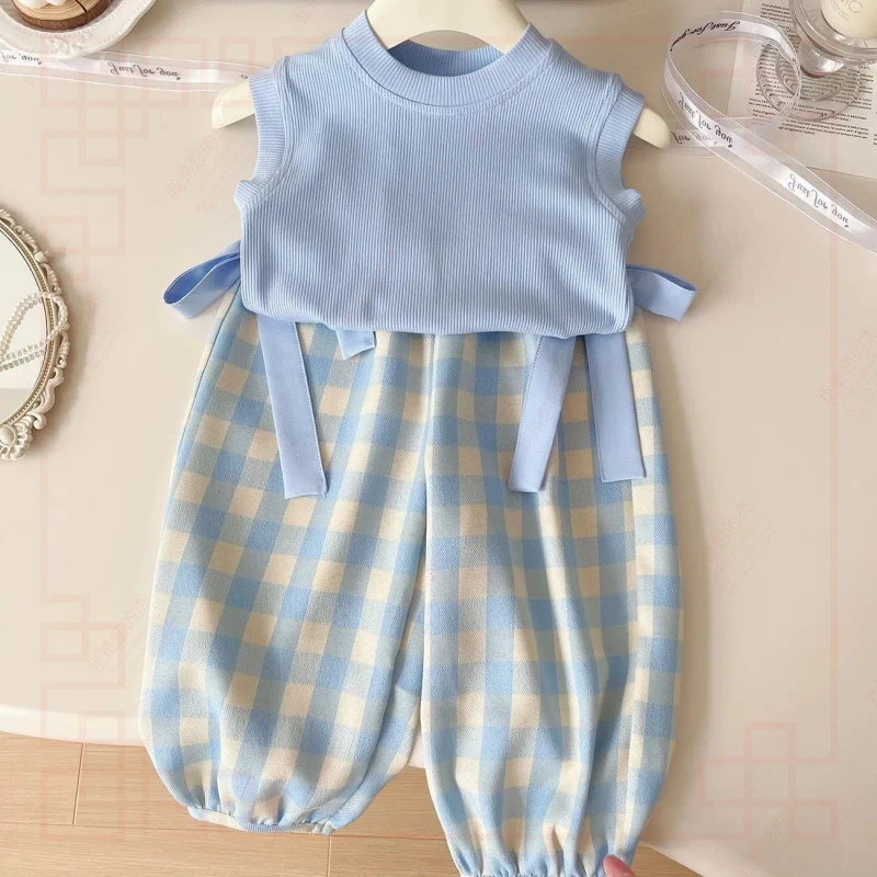 新款女童夏季无袖儿童韩版背心2025洋气T恤格子童装