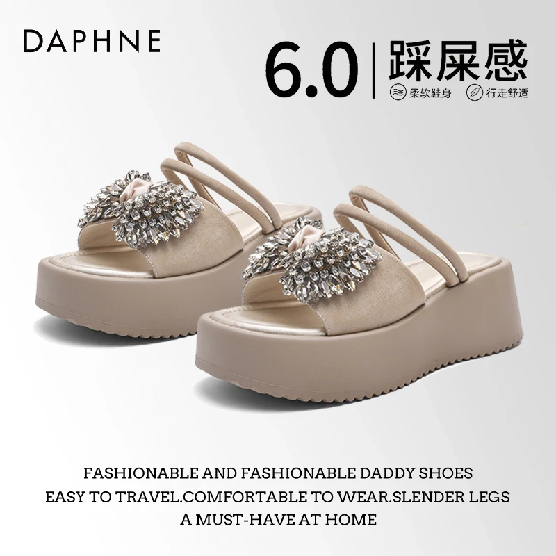 达芙妮2025夏季新款凉鞋气质水钻蝴蝶结厚底凉拖鞋女外穿一字拖S