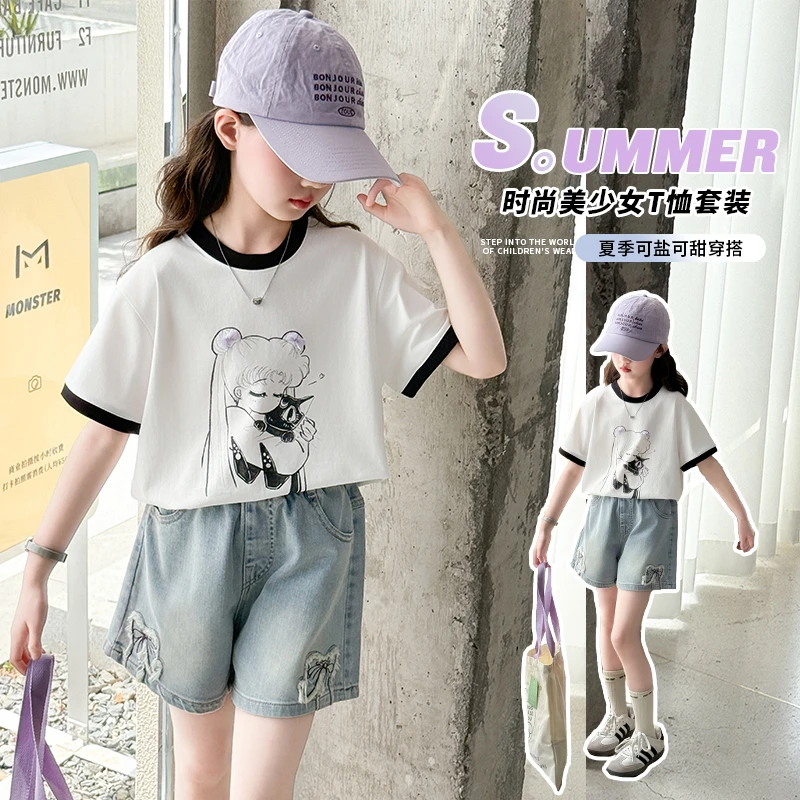 女童套装夏装2025新款儿童时尚美少女短袖刺绣蝴蝶牛仔短裤两件套