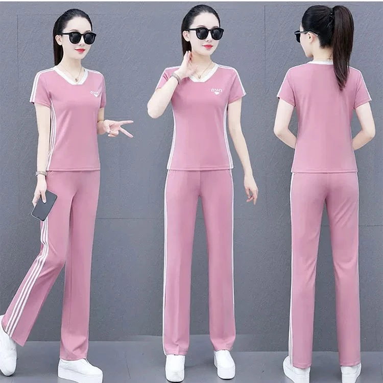 时尚V领印花短袖上衣减龄休闲气质时尚薄款休闲运动套装A14193