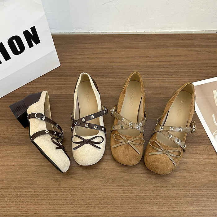 2025秋新款时尚交叉带粗跟玛丽珍鞋女复古休闲百搭舒适一脚蹬单鞋