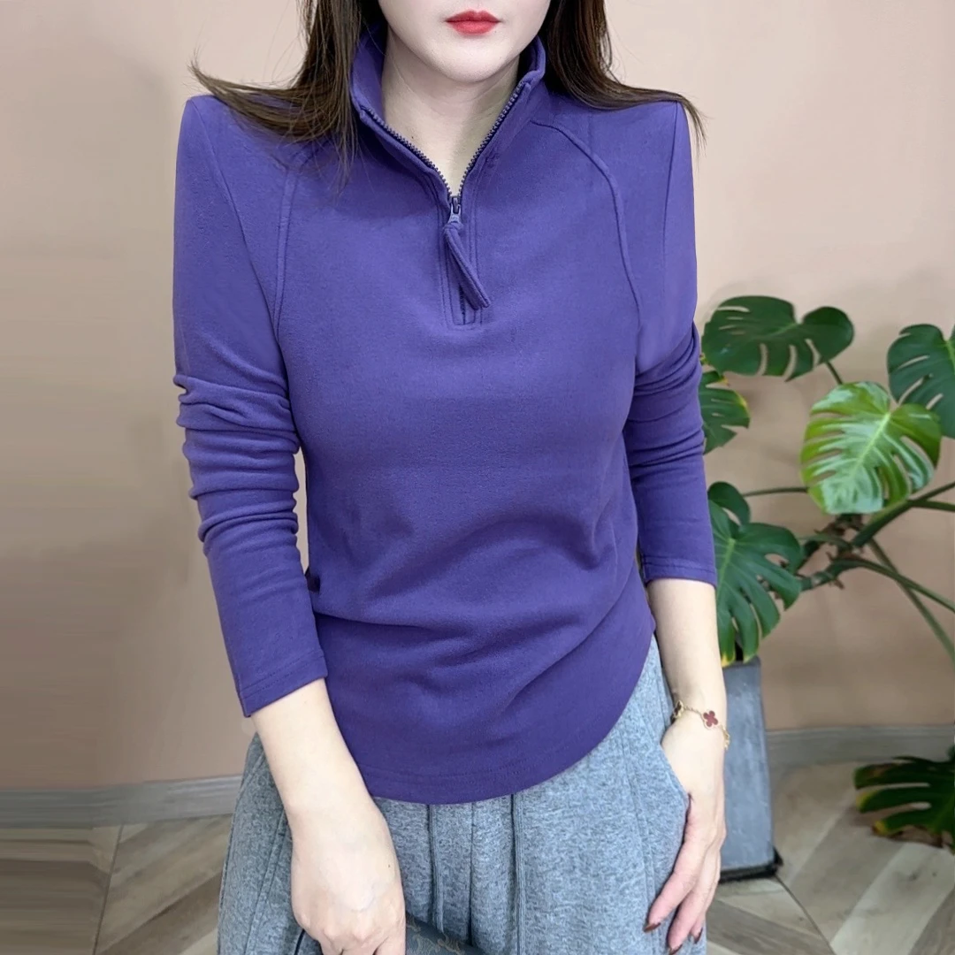 2025冬季新品时尚百搭修身显瘦加绒加厚半拉链打底女士上衣7774