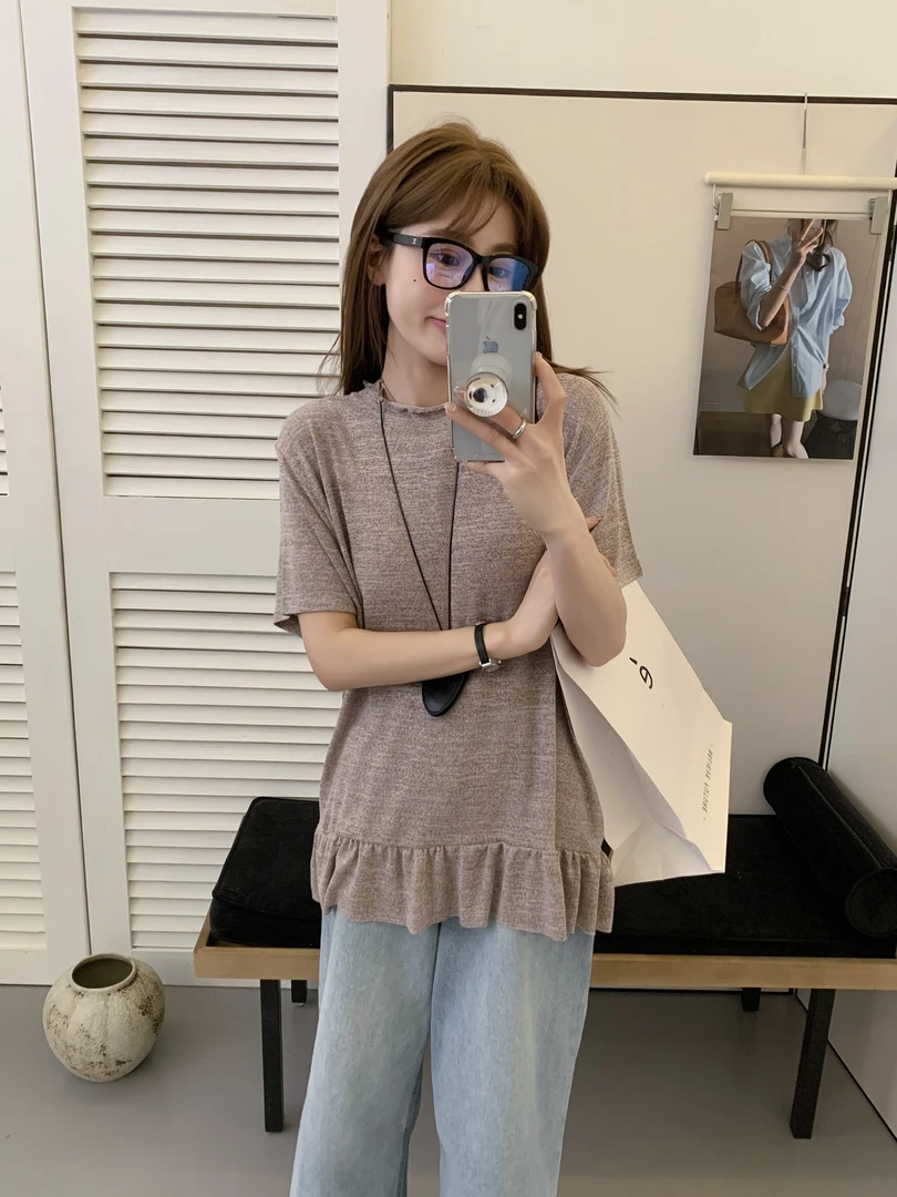 程程甄选 -「棉麻时尚」 舒适针织荷叶边休闲百搭短袖781