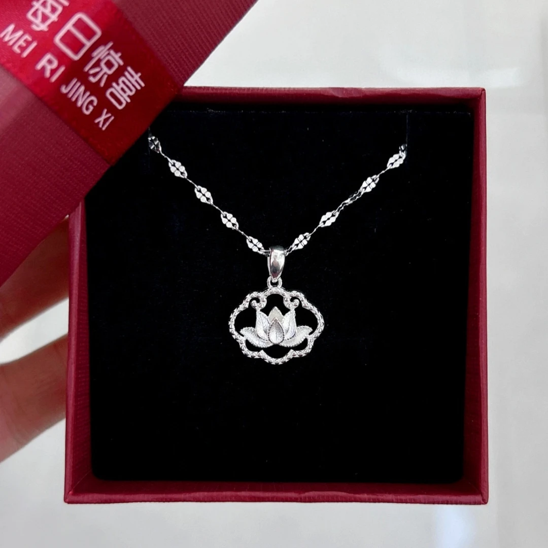 坠链均足银 足银990莲花祥云锁素款挂坠锁骨链时尚百搭银项链礼物