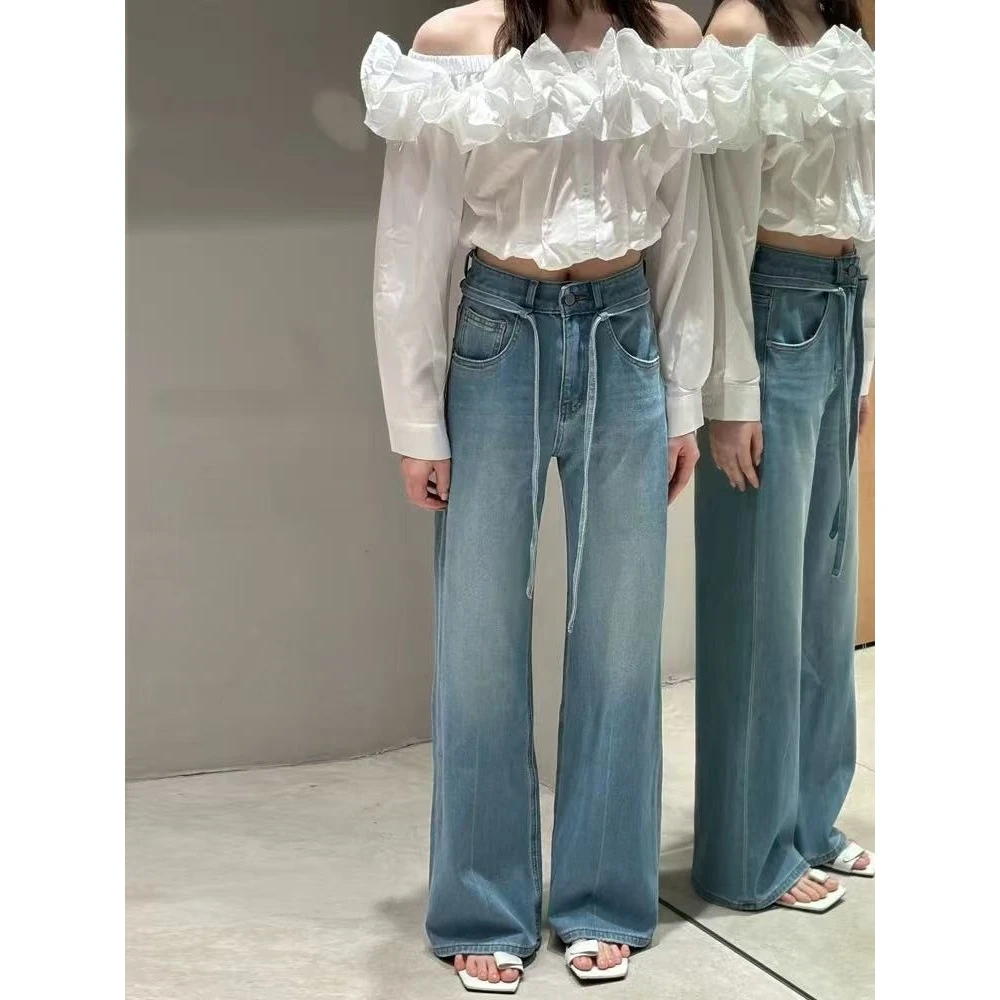 519-1阔腿微辣牛仔裤高腰弹力显瘦拖地裤