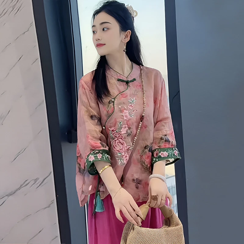 2025春秋时尚薄款衬衣盘扣花色国风撞色圆领碎花刺绣长袖上衣潮女