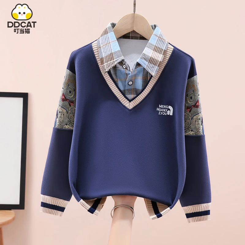 叮当猫男童秋冬卫衣假两件2025新款儿童冬装中大童长袖男孩保暖衣