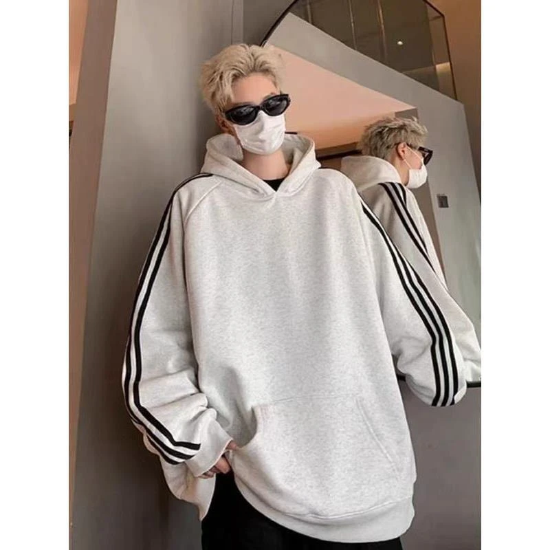 新款国潮条纹开衫卫衣男时尚情侣ootd美式潮牌复古休闲立领拉链潮