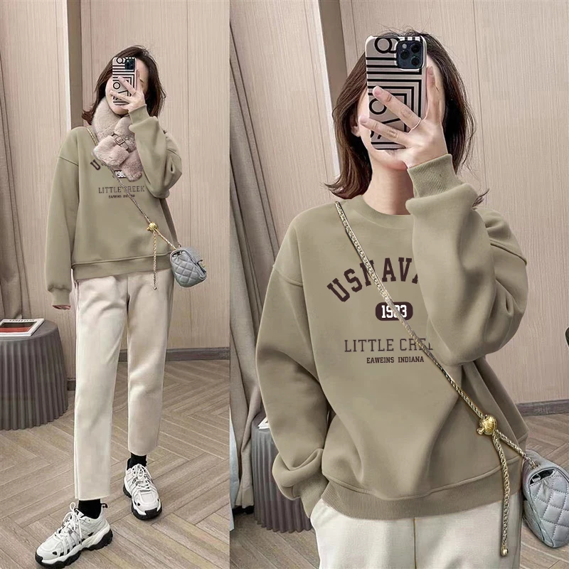 圆领套头打底衫加绒加厚卫衣女2025秋冬新款宽松韩版外套春秋薄款