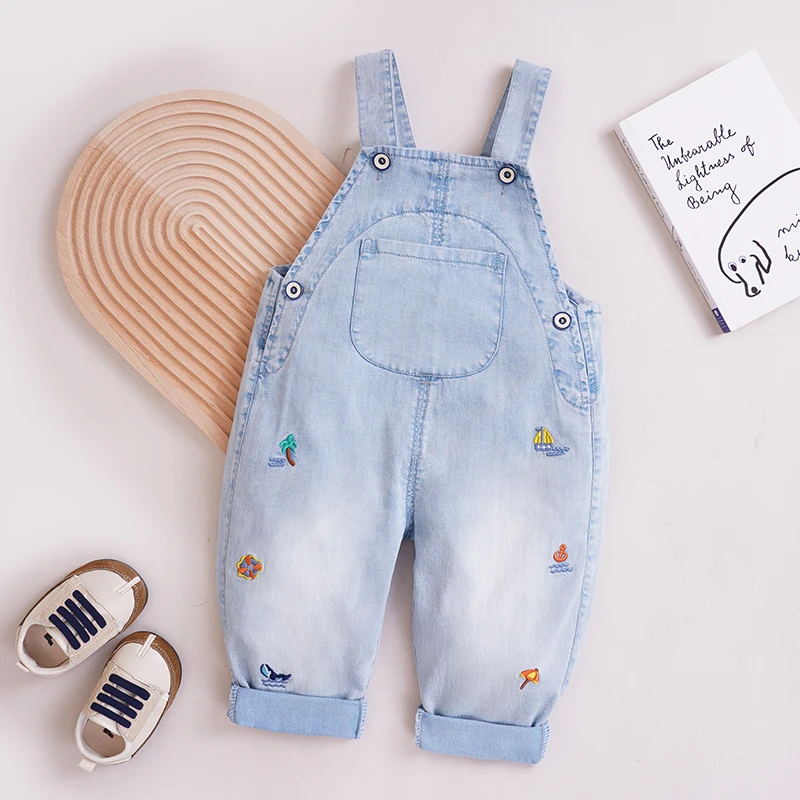 宝宝夏薄款防蚊裤小童透气凉感背带裤卡通刺绣休闲外出服男童宽松