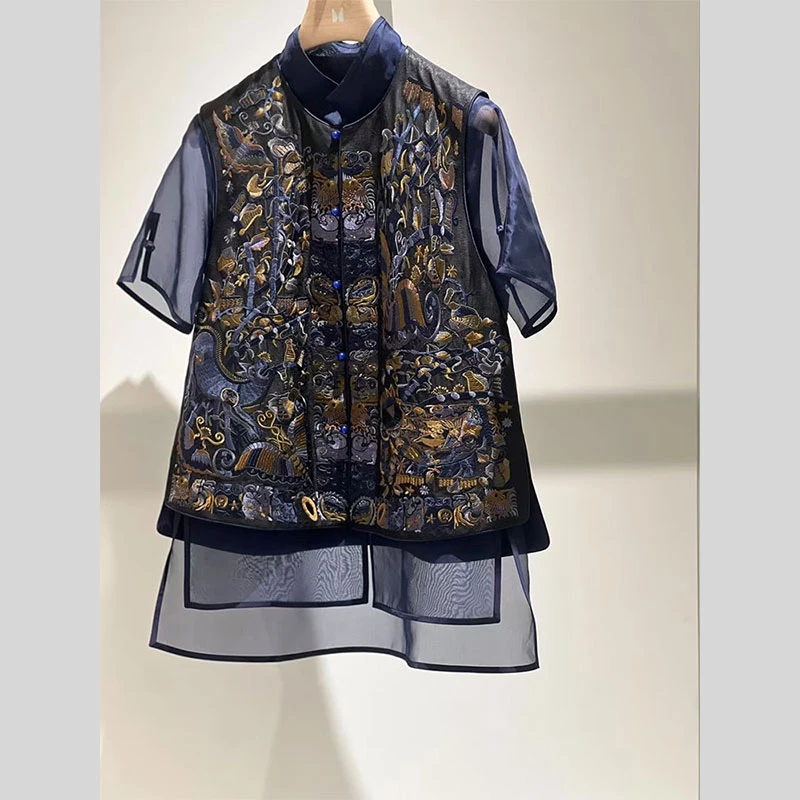 新中式国风年轻款盘扣改良唐装刺绣马甲衬衫两件套装2025新款夏季