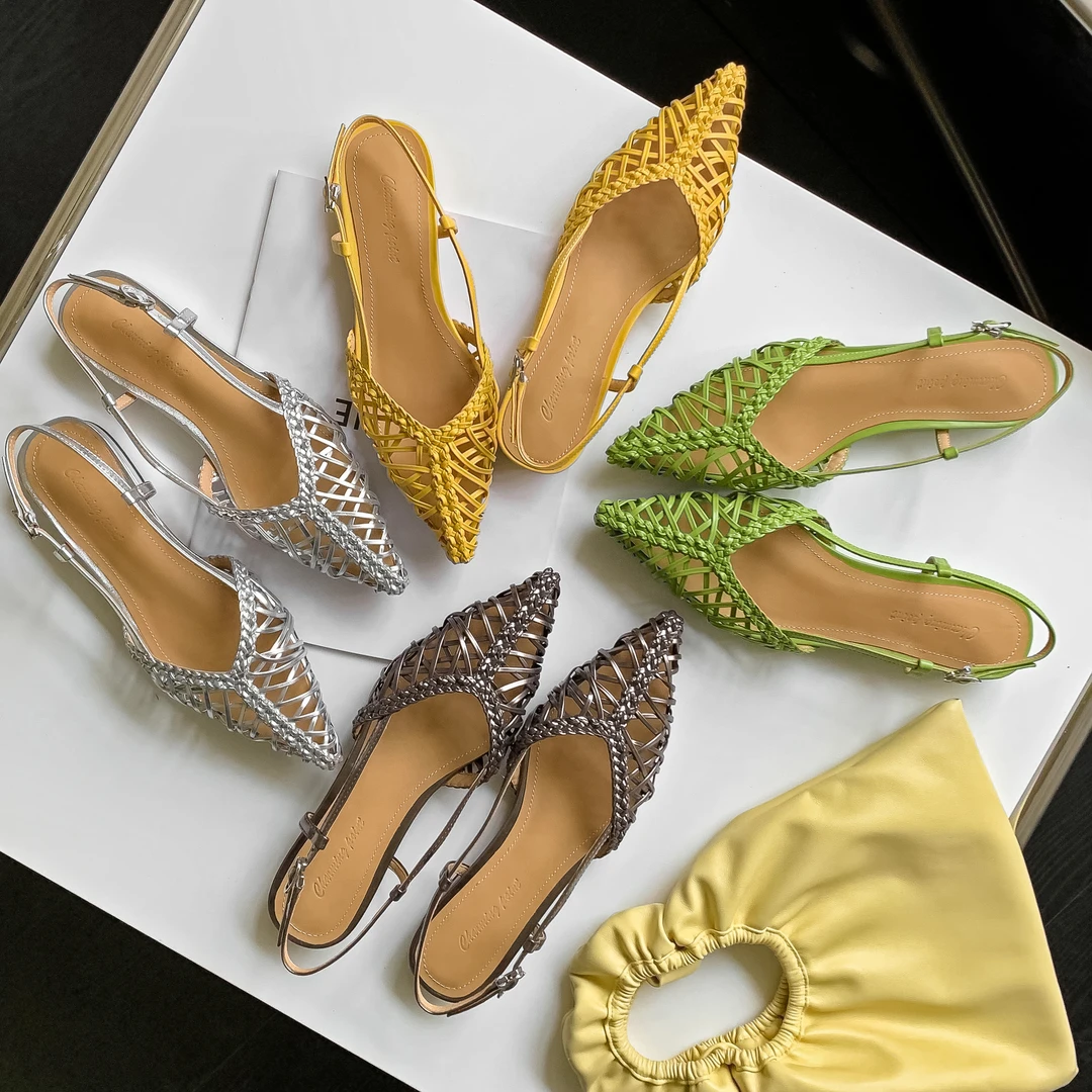 波西米亚编织凉鞋/1.5cm新款百搭时尚镂空夏女鞋尖头包头低跟鞋