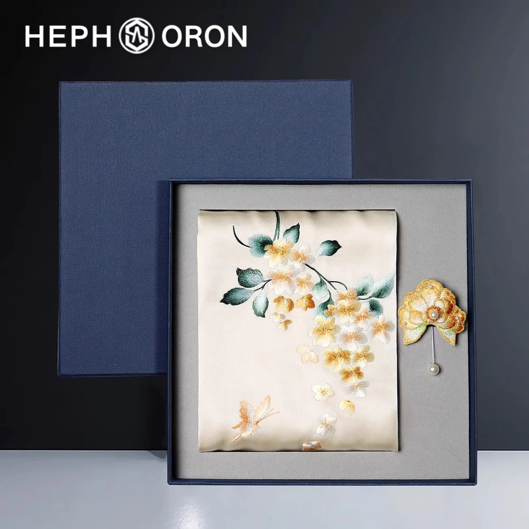 HEPHSORON苏绣丝巾礼盒送妈妈海棠刺绣胸针套盒桑蚕丝真丝围巾