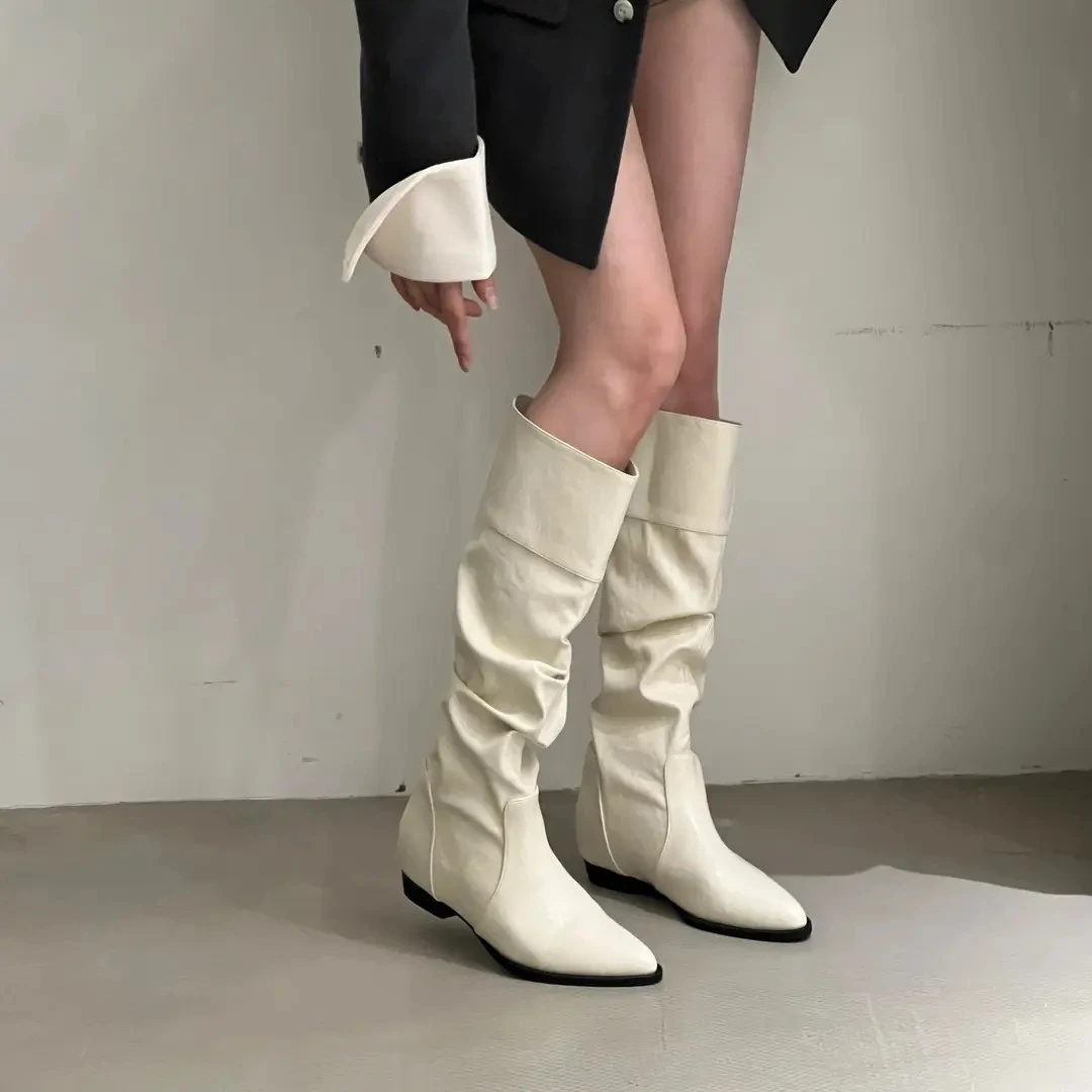 内增高2cm！显腿长~韩国褶皱尖头时装高筒靴粗跟低跟不过膝骑士靴