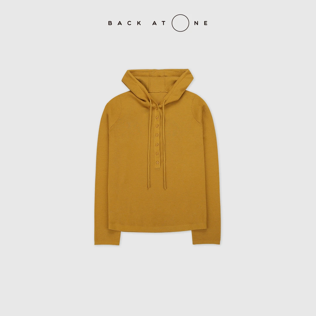 BACKATONE “金杏”  羊毛抽绳连帽半开襟长袖针织衫 BFF-1AB045H-K