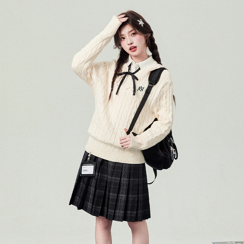 花铃太太jk秋冬季新款麻花连帽针织毛衣女米白色学院风慵懒风上衣