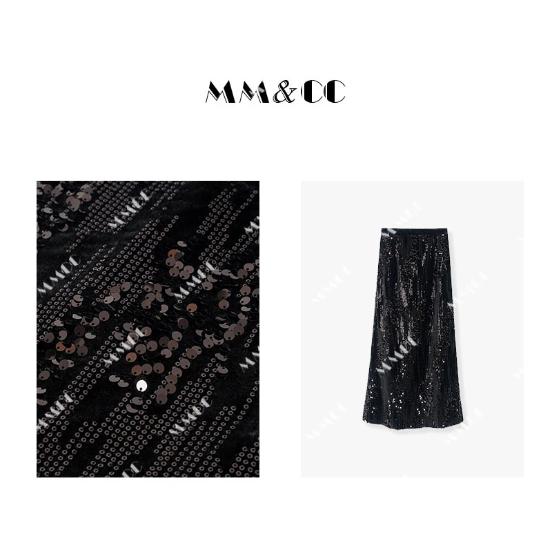 新款丝绒半身裙女士秋冬显瘦小众设计感亮片长裙E6911