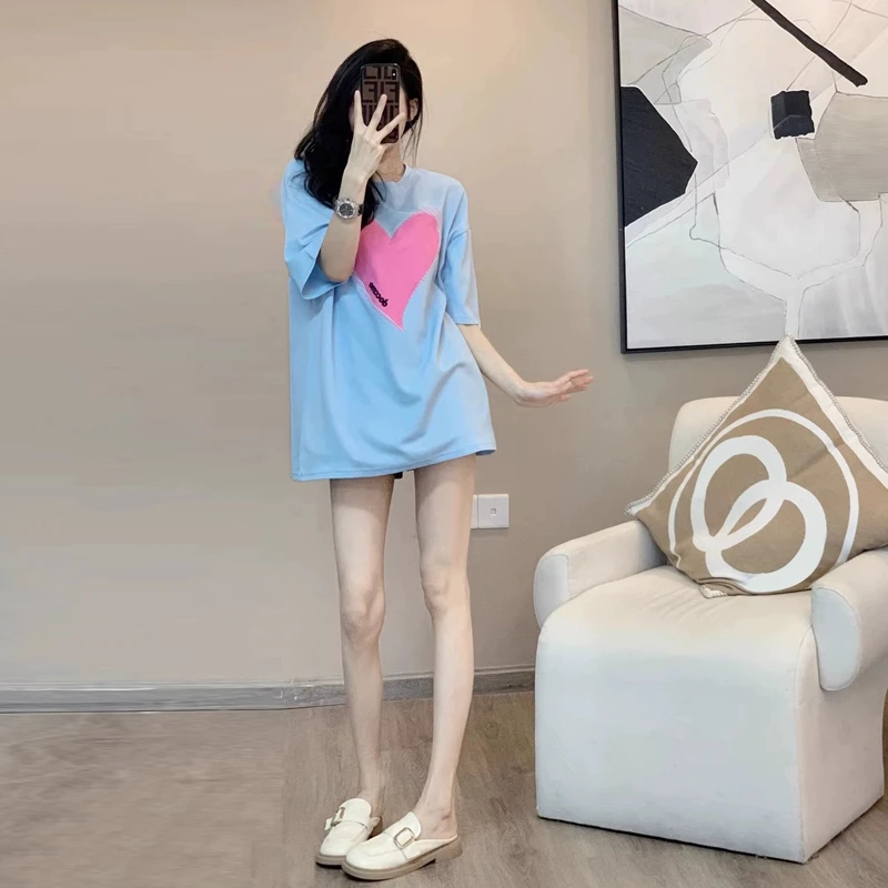 网红减龄短袖t恤女夏百搭时尚显瘦中长款宽松韩版设计感小众上衣