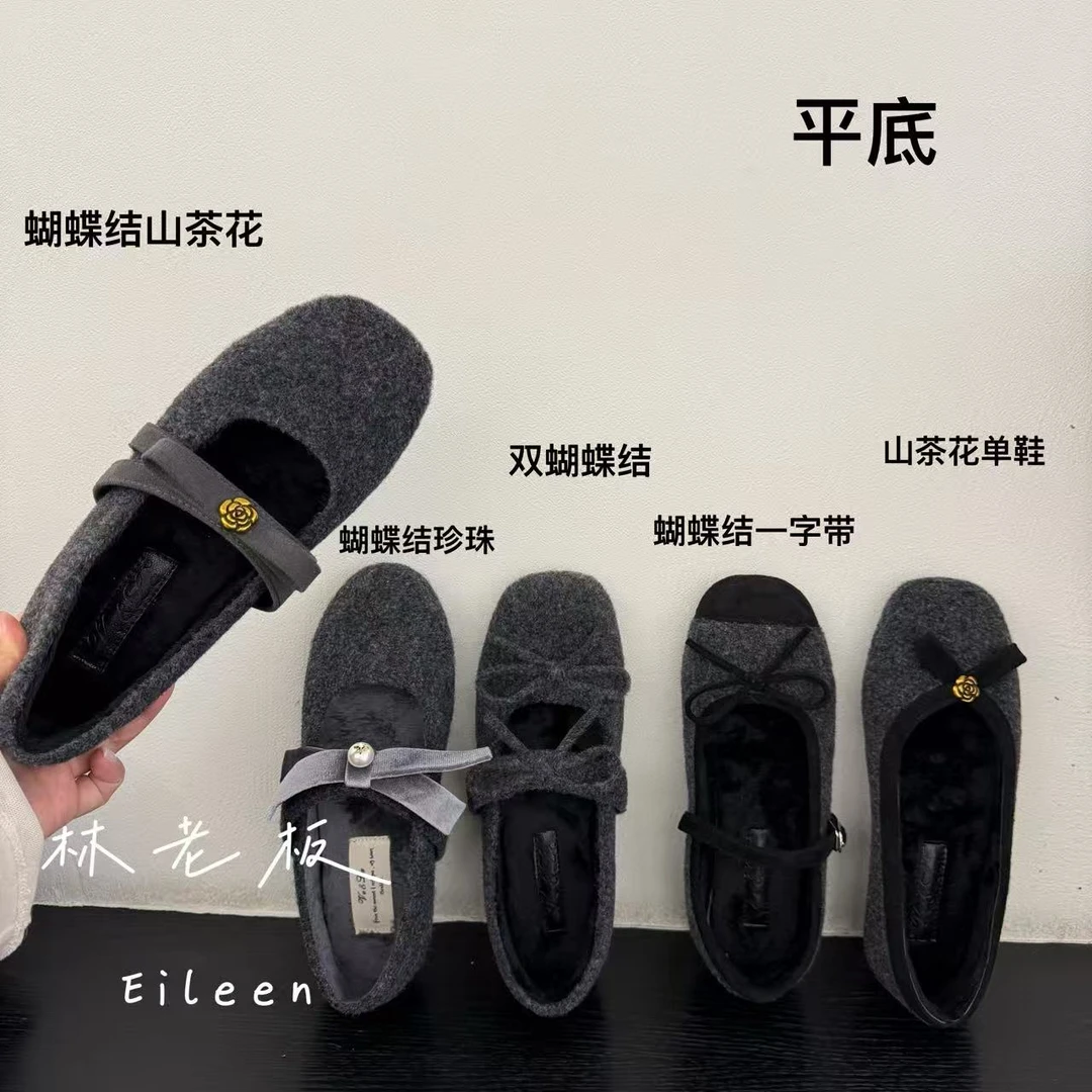 秋冬新款韩版平底加绒毛呢面玛丽珍女鞋深灰色小香风毛毛鞋