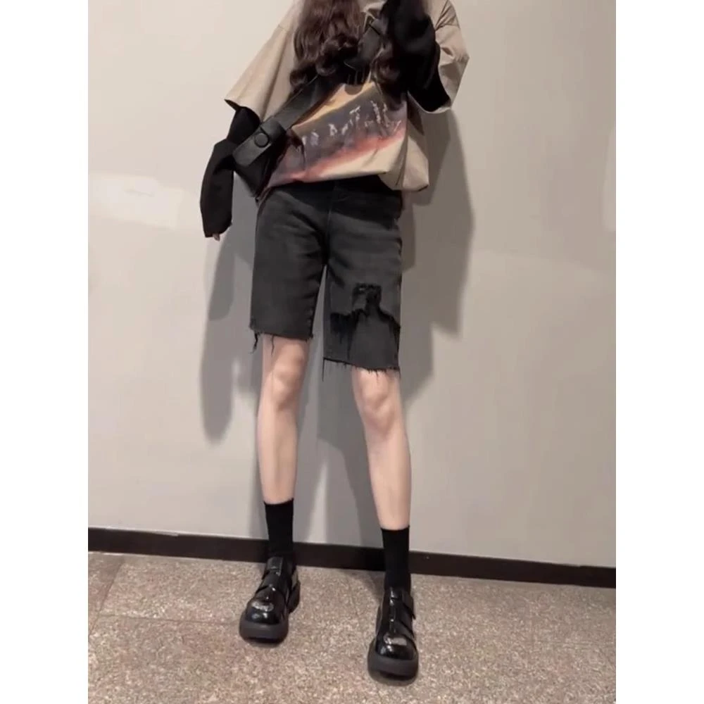 梨形身材破洞牛仔短裤女夏季薄款2025大码胖mm高腰弹力直筒五分裤