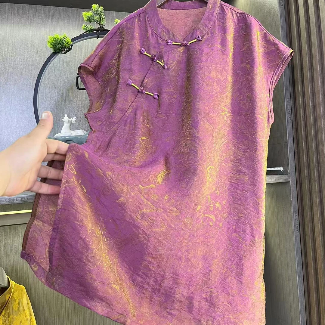 （鎏金溢彩）2025年新中式国风夏季新款爆款短袖开叉盘扣时尚上衣