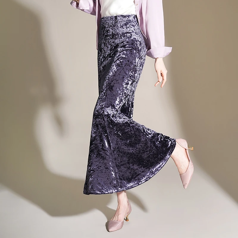 春秋修身高腰垂感鱼尾裙紫色气质长款金丝绒半身裙时尚显瘦包臀裙