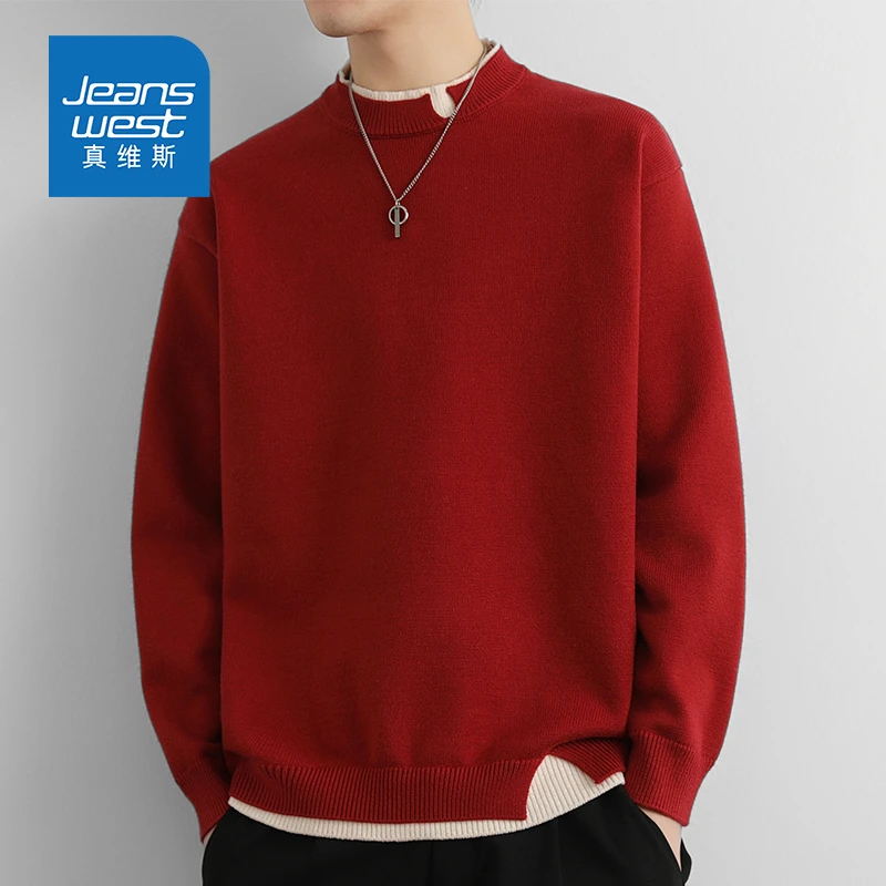 Jeanswest/真维斯秋冬慵懒风假两件圆领保暖加厚套头毛衣 男外套