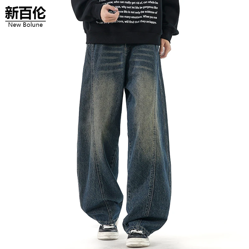 新百伦/NEW BOLUNE复古高街牛仔裤男秋冬新款百搭拼接宽松弯刀裤
