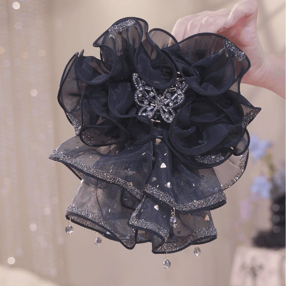 重工蝴蝶裙摆抓夹女高级感网纱水钻发夹后脑勺盘发鲨鱼夹丸子头夹