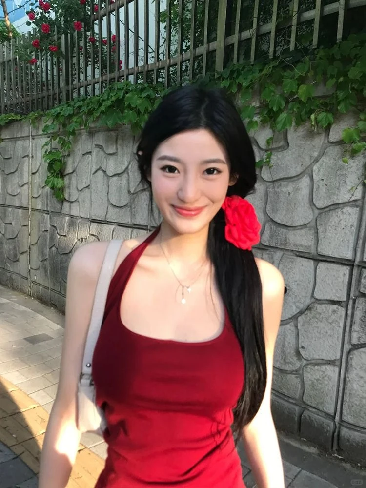 纯棉复古酒红色挂脖吊带背心女夏季新款小个子修身辣妹u领上衣潮