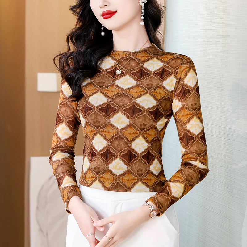 【夏一雯专属】气质长袖印花T恤时尚显瘦柔软内搭修身时髦上衣小衫