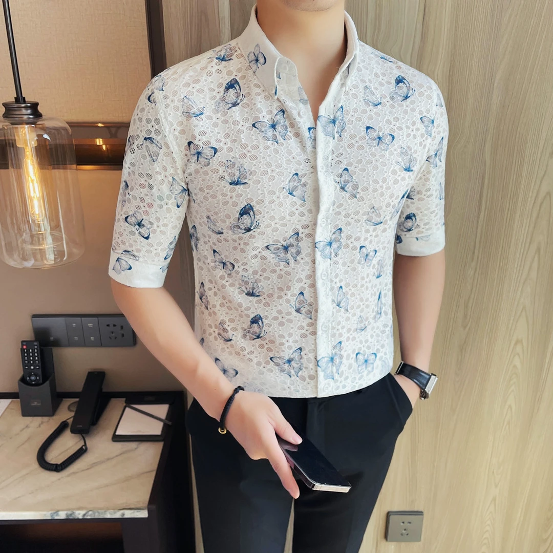 男士五分袖薄款休闲衬衫夏季新款透气网纱镂空衬衣翻领中袖花寸衫