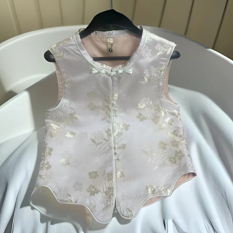 （素影）新中式国风立体浮雕圆花刺绣领盘扣设计感气质百搭马甲