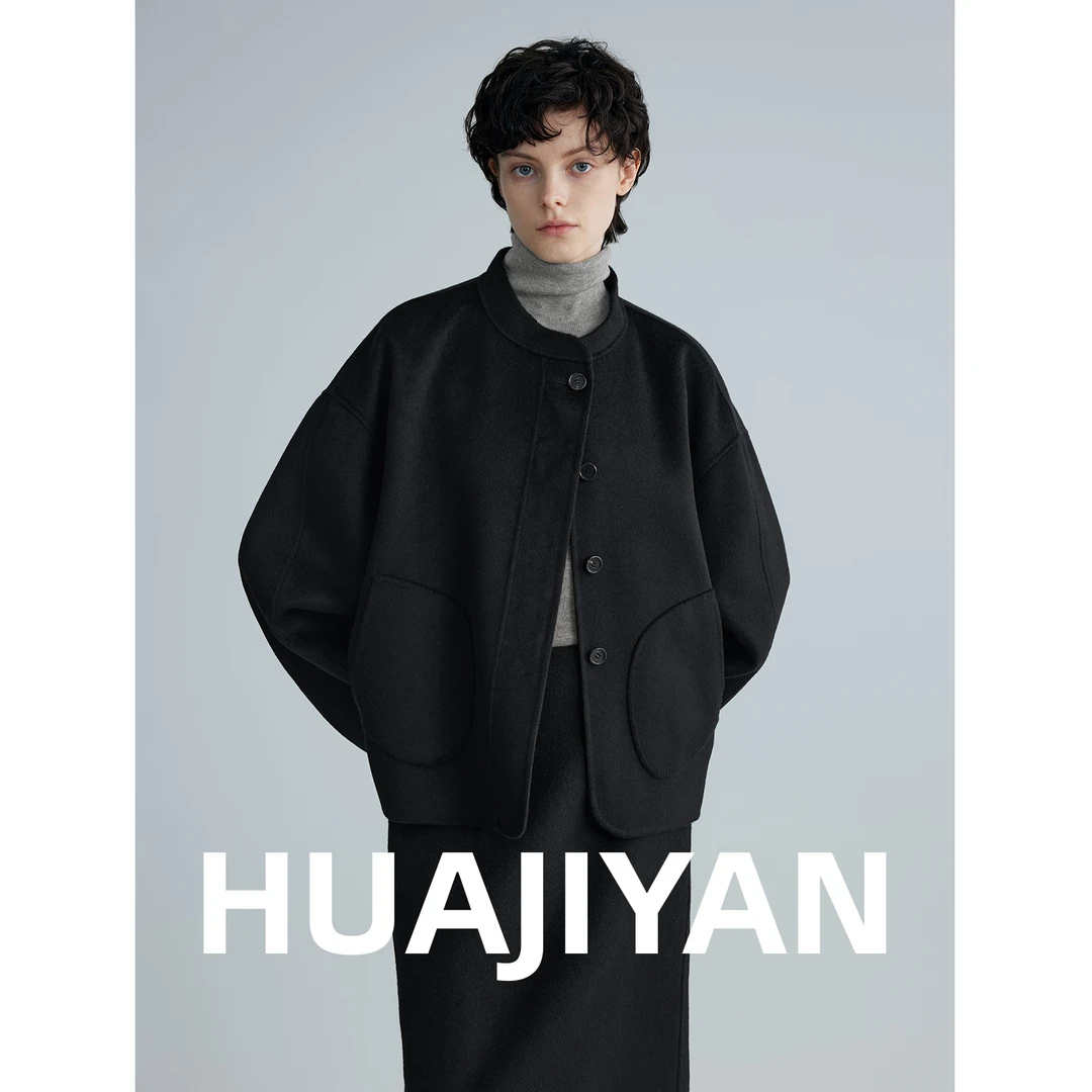 华吉言/HUAJIYAN【黑潮】甄选100羊毛立领双面呢大衣外套