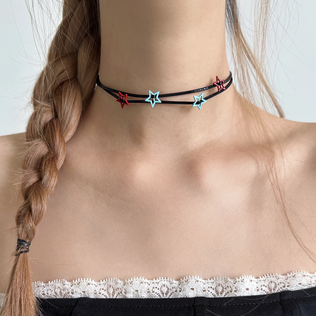 合金皮质项链 X5730-1时尚百搭小众高级感气质彩色五角星皮绳项链