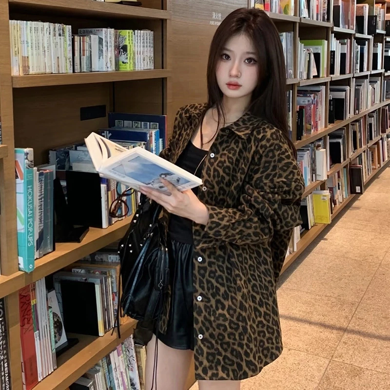 豹纹复古港风宽松扎染印花衬衫女2025春季新款小众长袖上衣