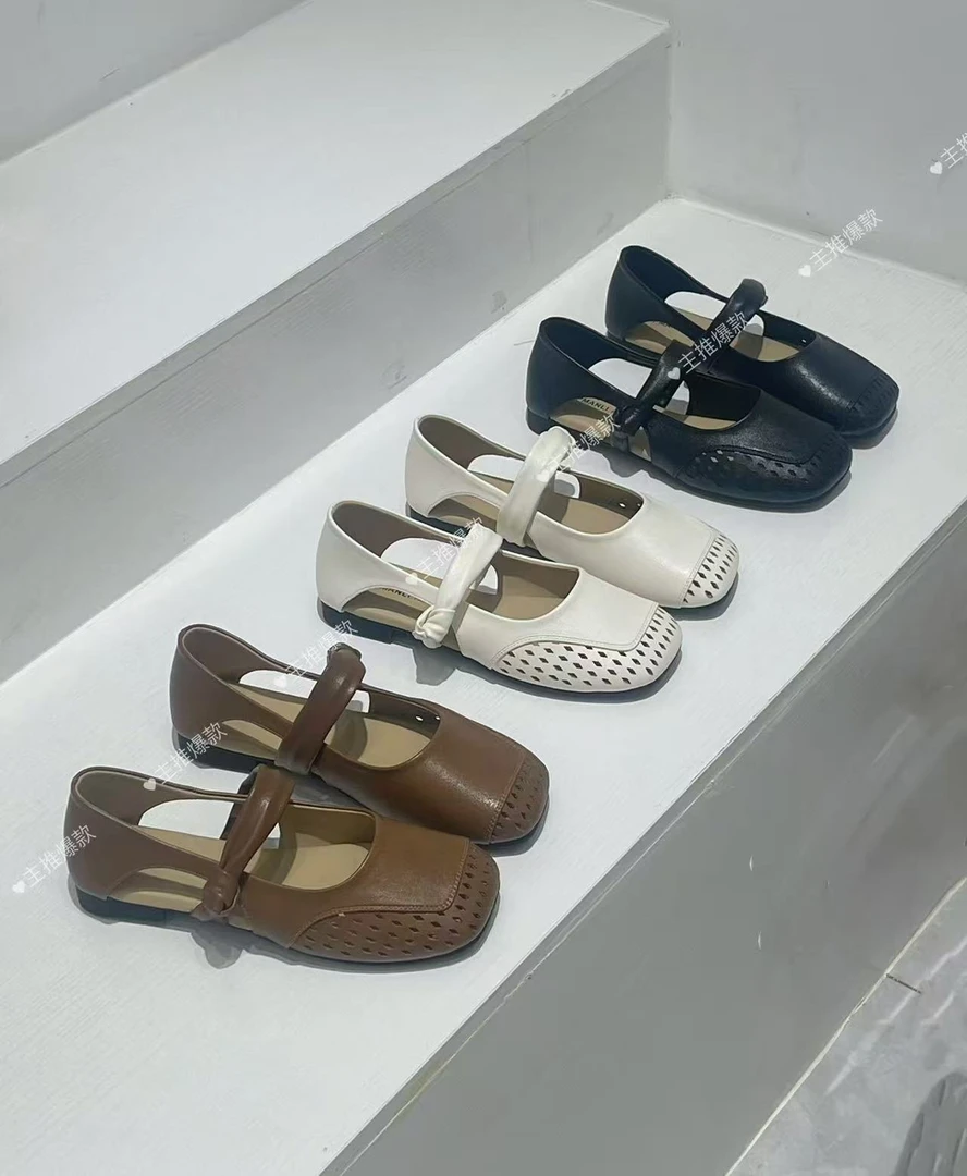 复古方头平底单鞋女2025年夏季新款镂空编织带浅口软底玛丽珍凉鞋