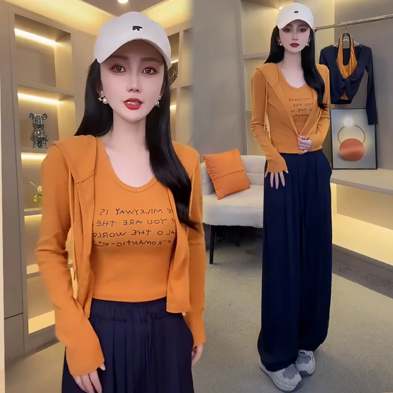 高含棉设计感字母t恤女2025秋冬新款洋气显瘦背心连帽开衫两件套