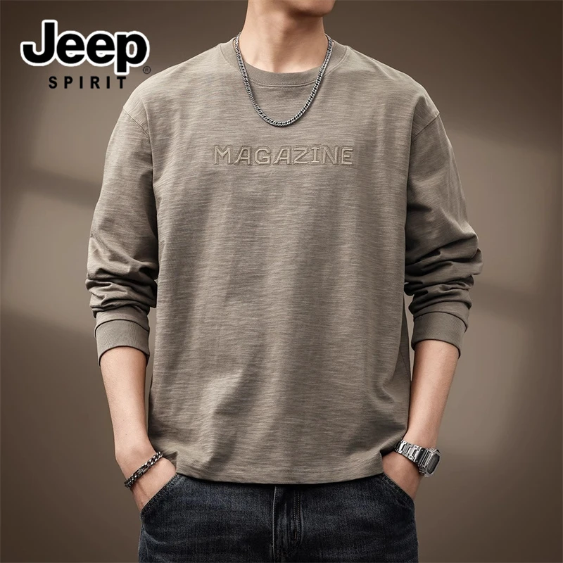 吉普纯棉字母刺绣长袖T恤男新款宽松春装打底衫男士男装上衣